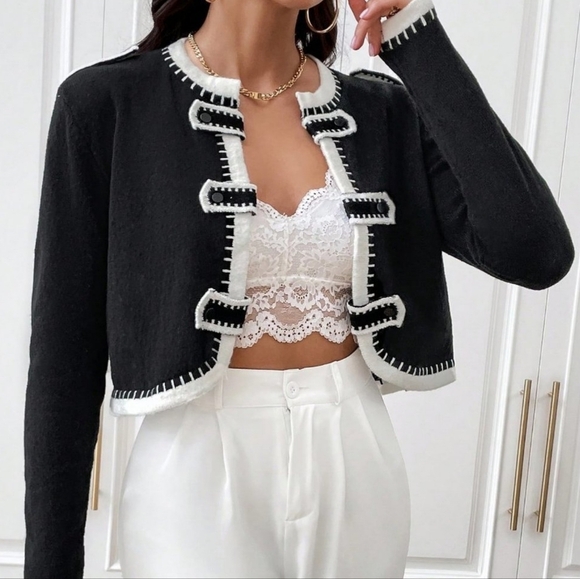 Black Casual Womens Contrast Trim Open Front Cardigan - Picture 3 of 6